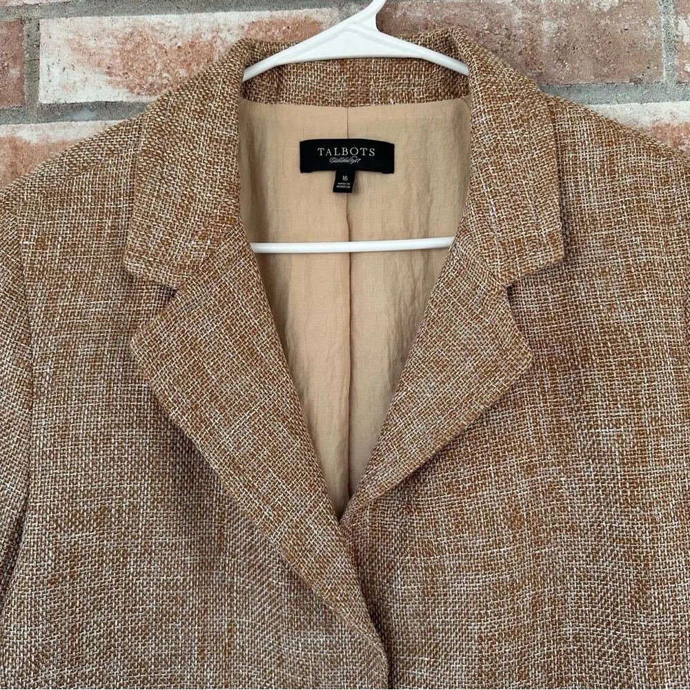 Talbots Tan Twill Tweed Woven Blazer Jacket 3/4 Sleeve Women’s Size 16 Linen - Image 2