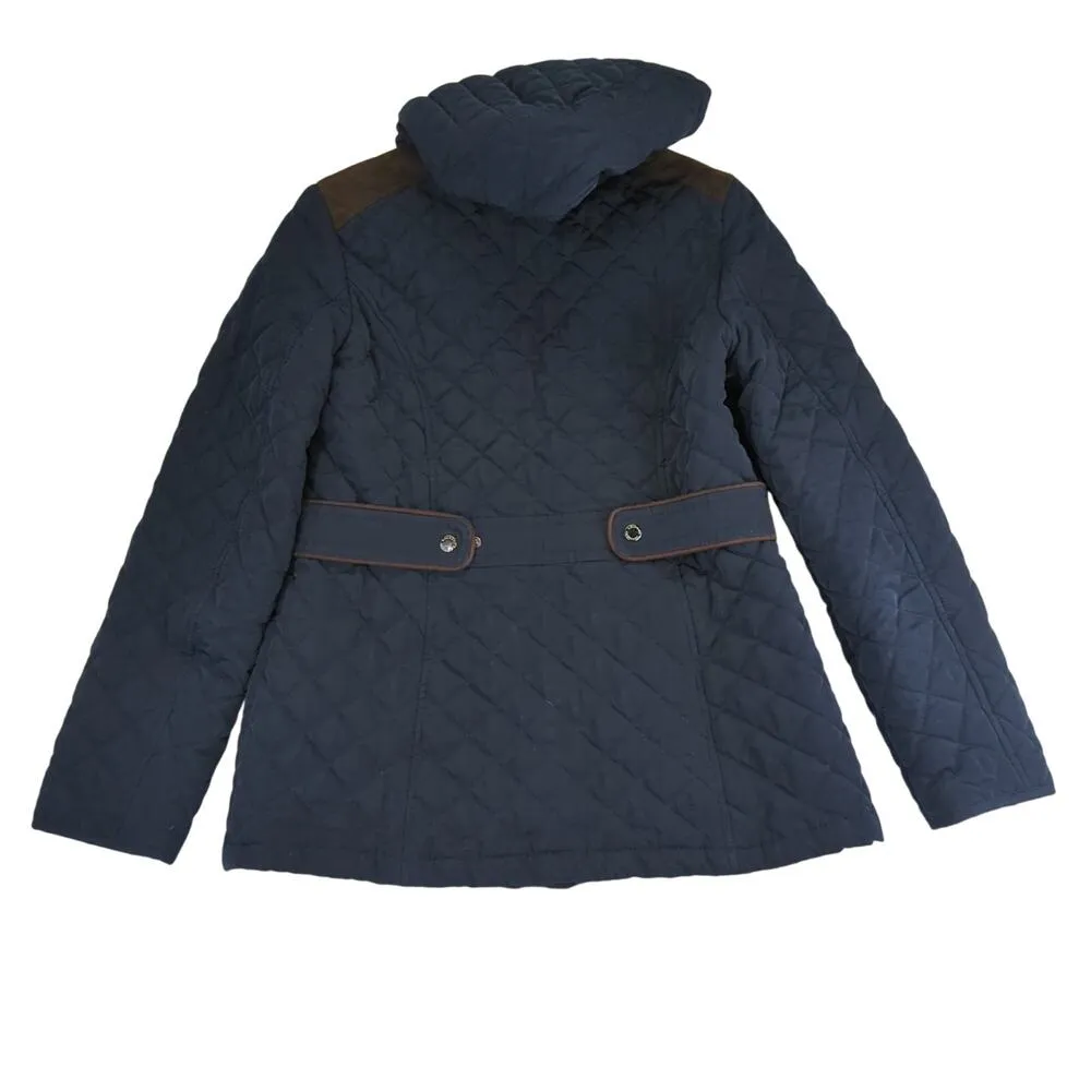Laundry Shellie Segal Navy Blue Quilted Jacket Women Medium Faux Fur Hood Casual - Image 2