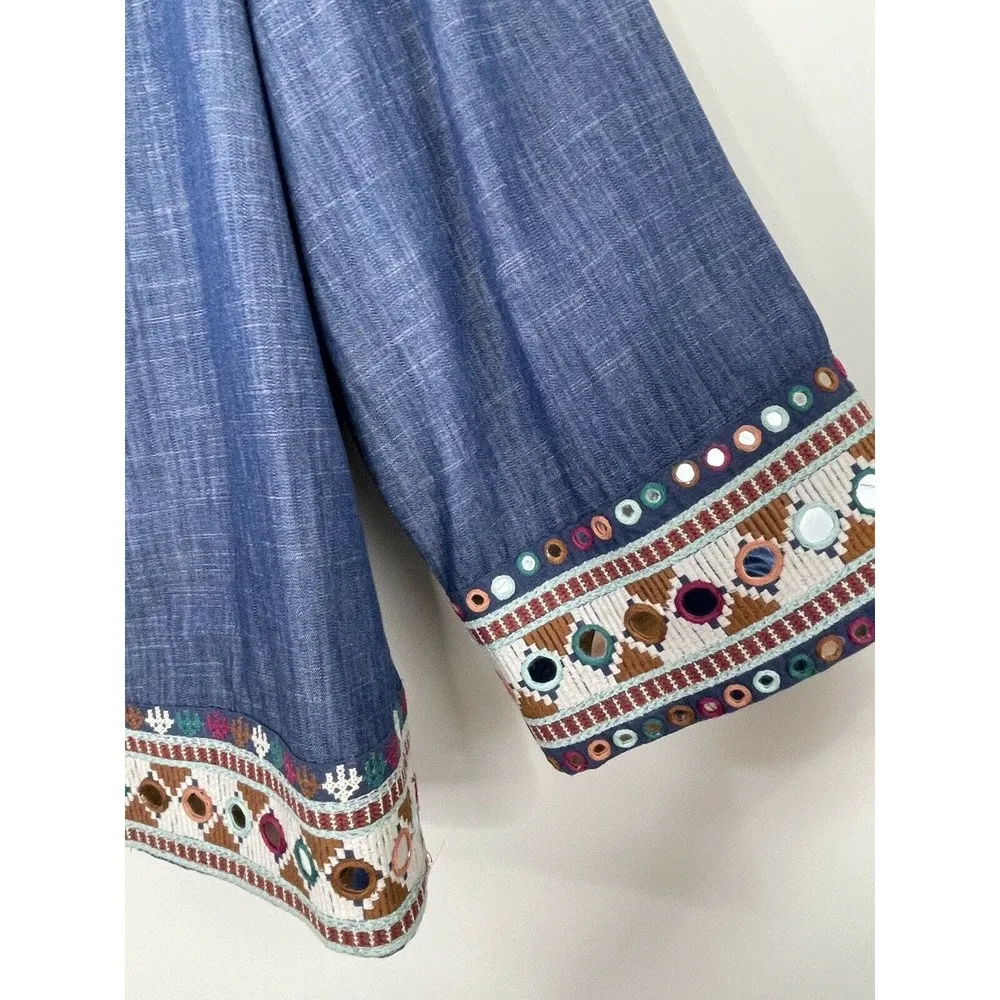 Souk Indigo Blue Hand Embroidered Open Jacket Chambray Size Large - Image 5