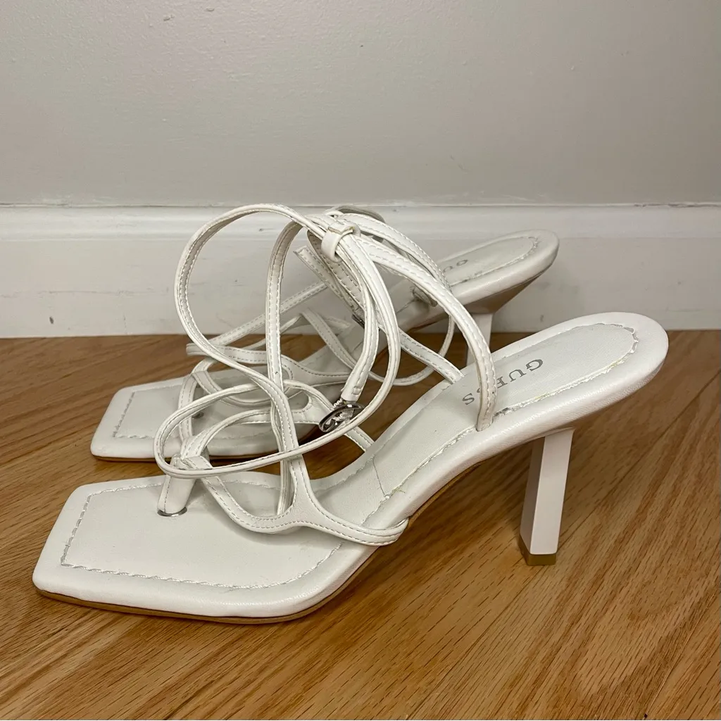 GUESS Leeba Faux Leather Square Toe Strappy Heels, White, Size 7, NWOT - Image 4