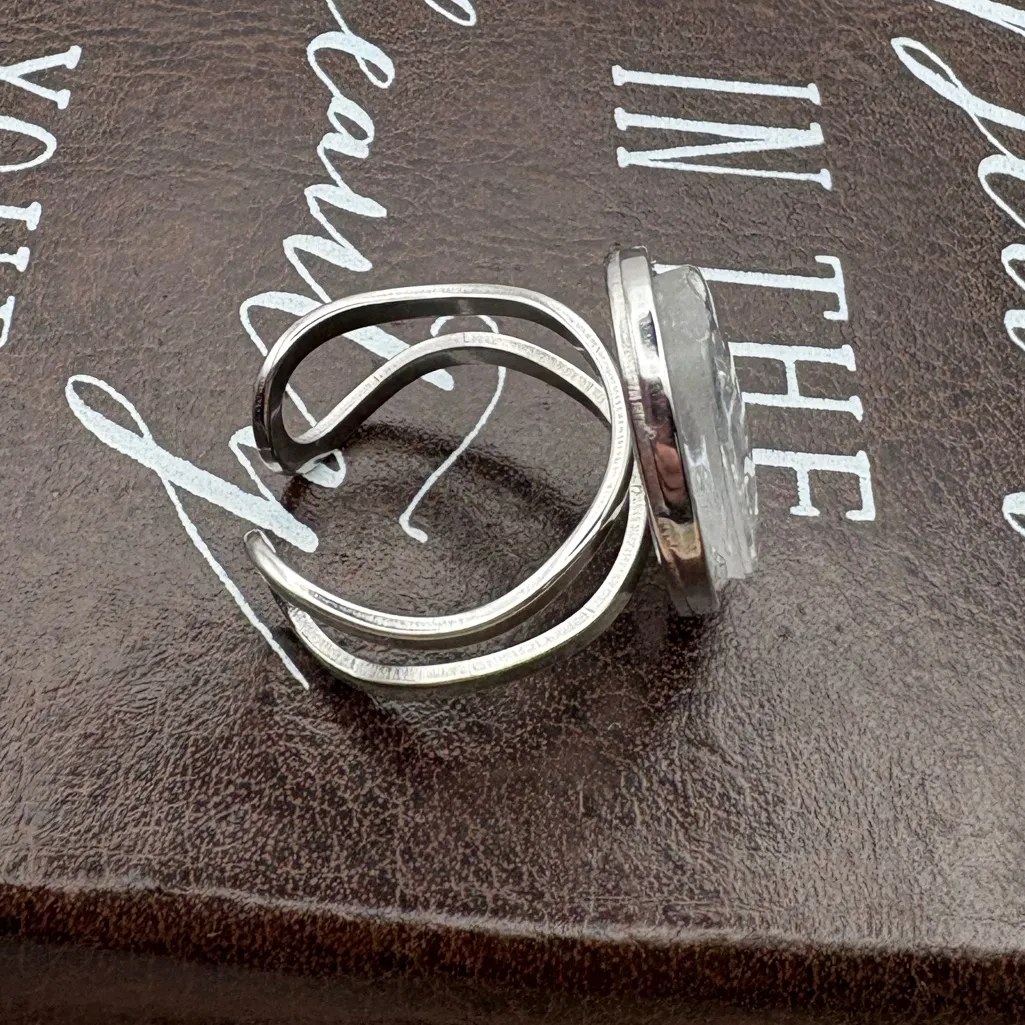 Vintage West Germany Glass Intaglio Floral Ring Adjustable Stainless Steel Silver - Image 2