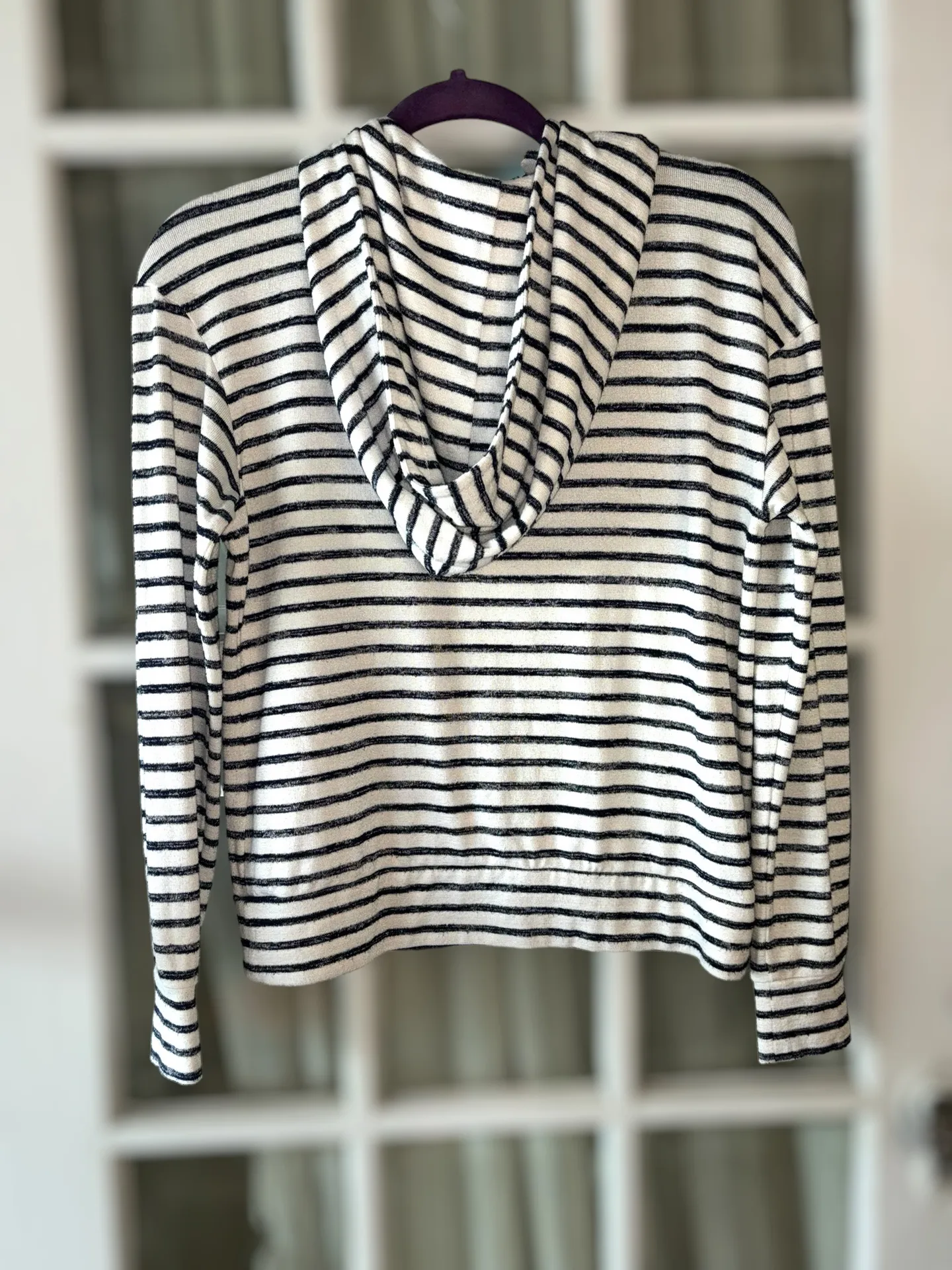Women’s Size XS White & Black Striped Pullover Preppy Sweater Hoodie - Image 2