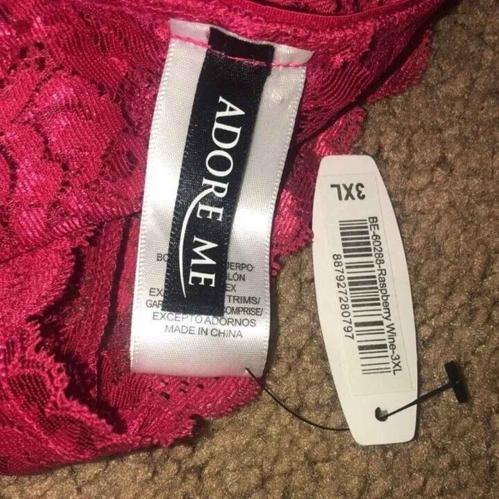 Adore Me Sierra Mesh Ruffle & Bow Floral Lace Sheer Teddy Raspberry Wine Red 3XL - Image 7