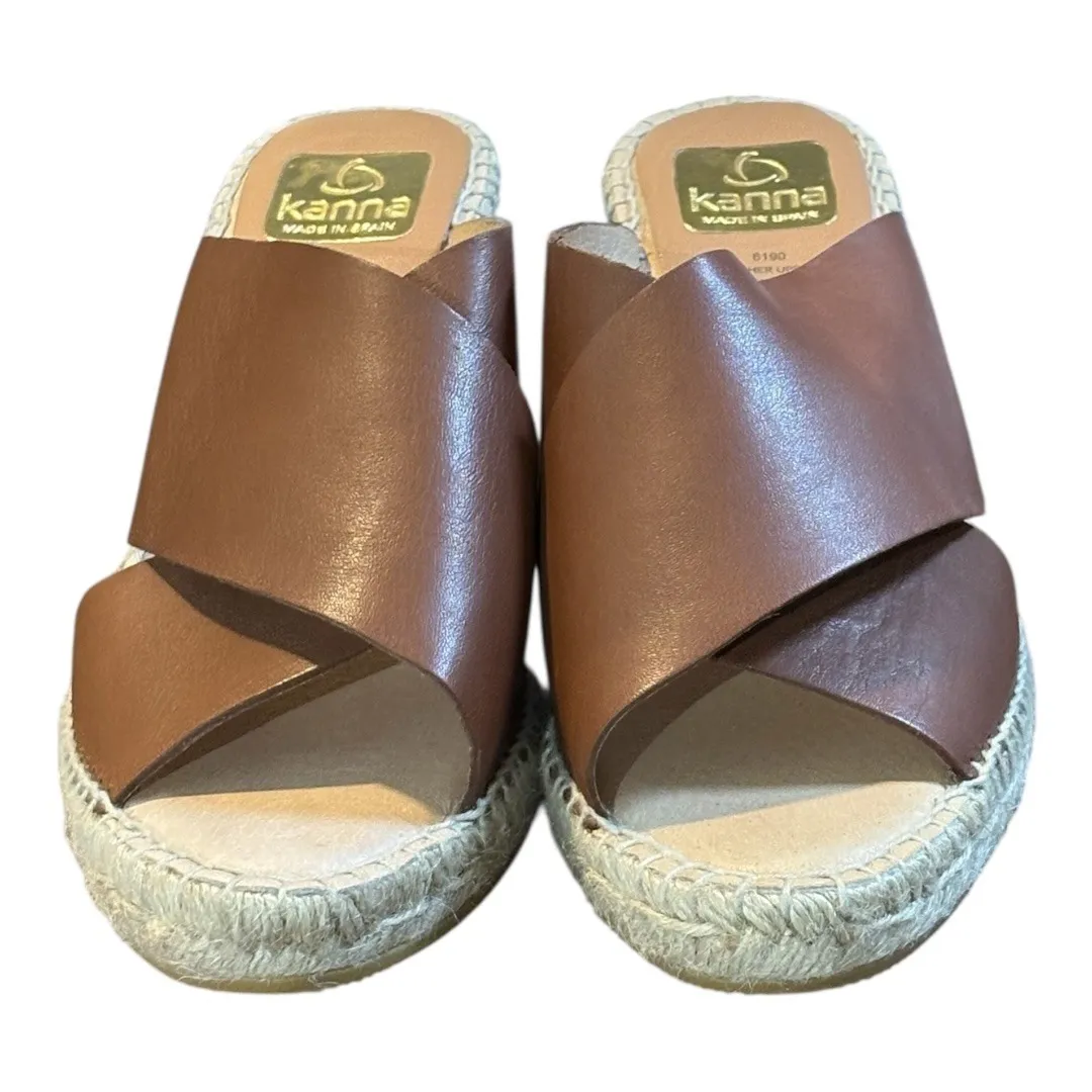 Kanna Leather Espadrille Wedge Sandals Brown Criss Cross Slides‎ Women Size 8 - Image 6