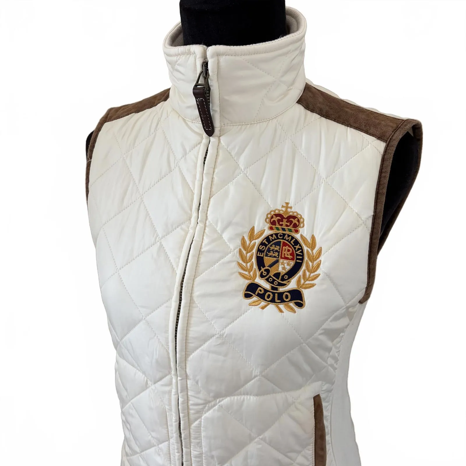 Polo Ralph Lauren Quilted Vest Suede Full Zip Ivory Women's Size XS - Image 2