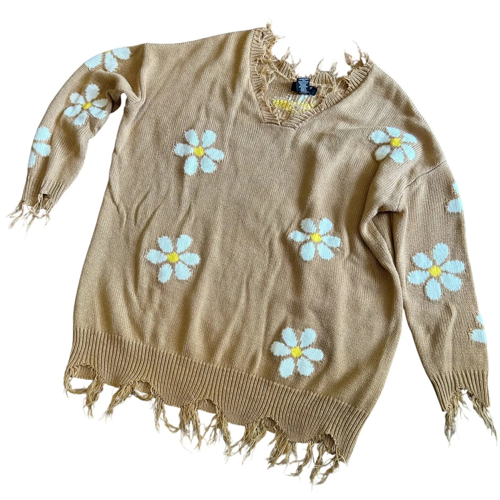 Just Polly New York Brown w/ Daisy Sweater SZ L Distressed V - Image 5
