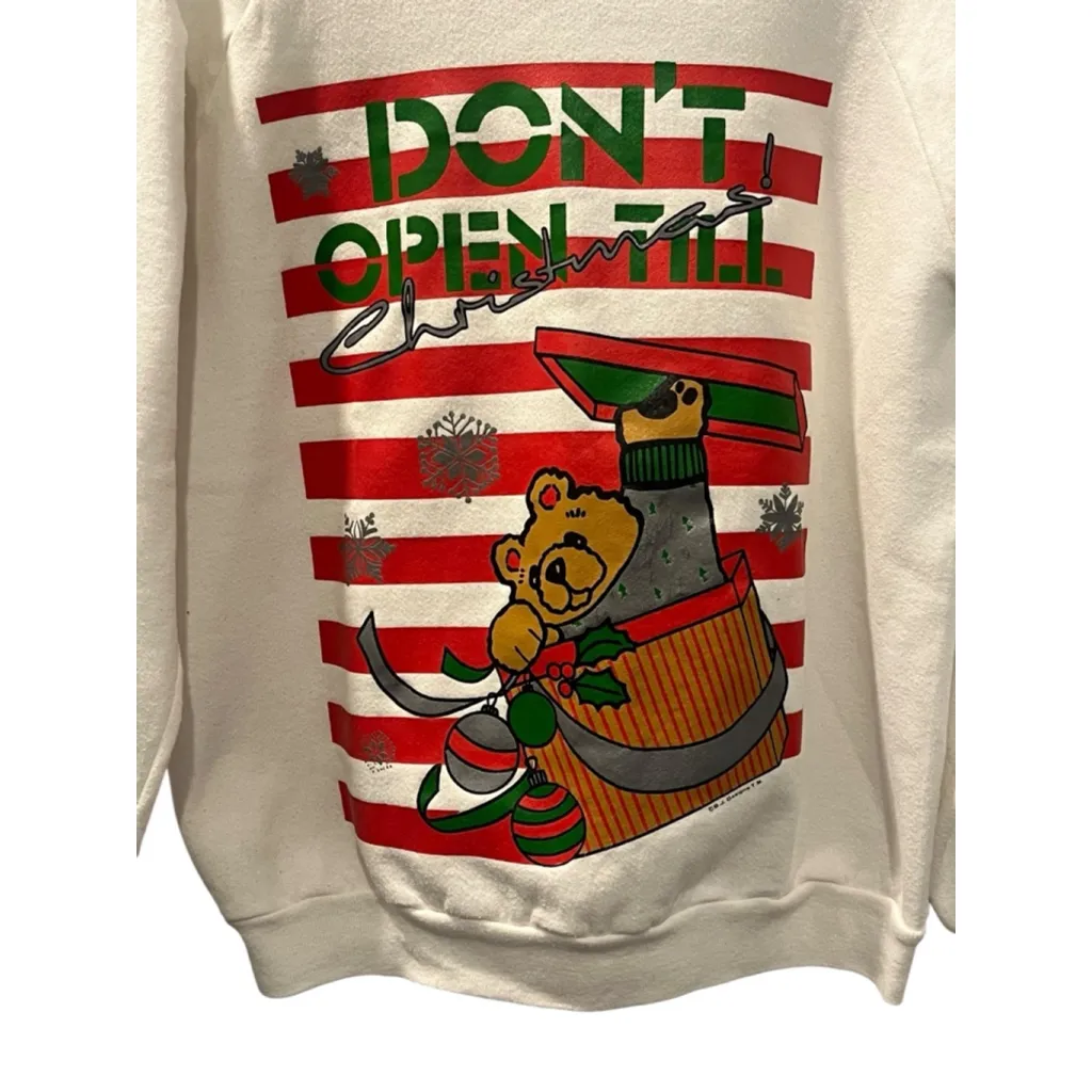 Vintage 80s Size Medium Don’t Open Til Christmas Crew Neck Pullover Sweeter Bear White - Image 2