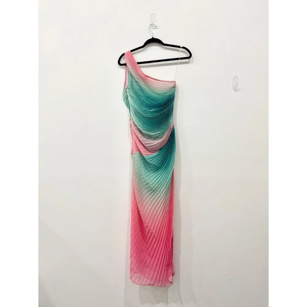 NWT Rococo Sand Luca One Shoulder Pleated Cocktail Maxi Dress Ombre Women's M Green Size M - Image 3