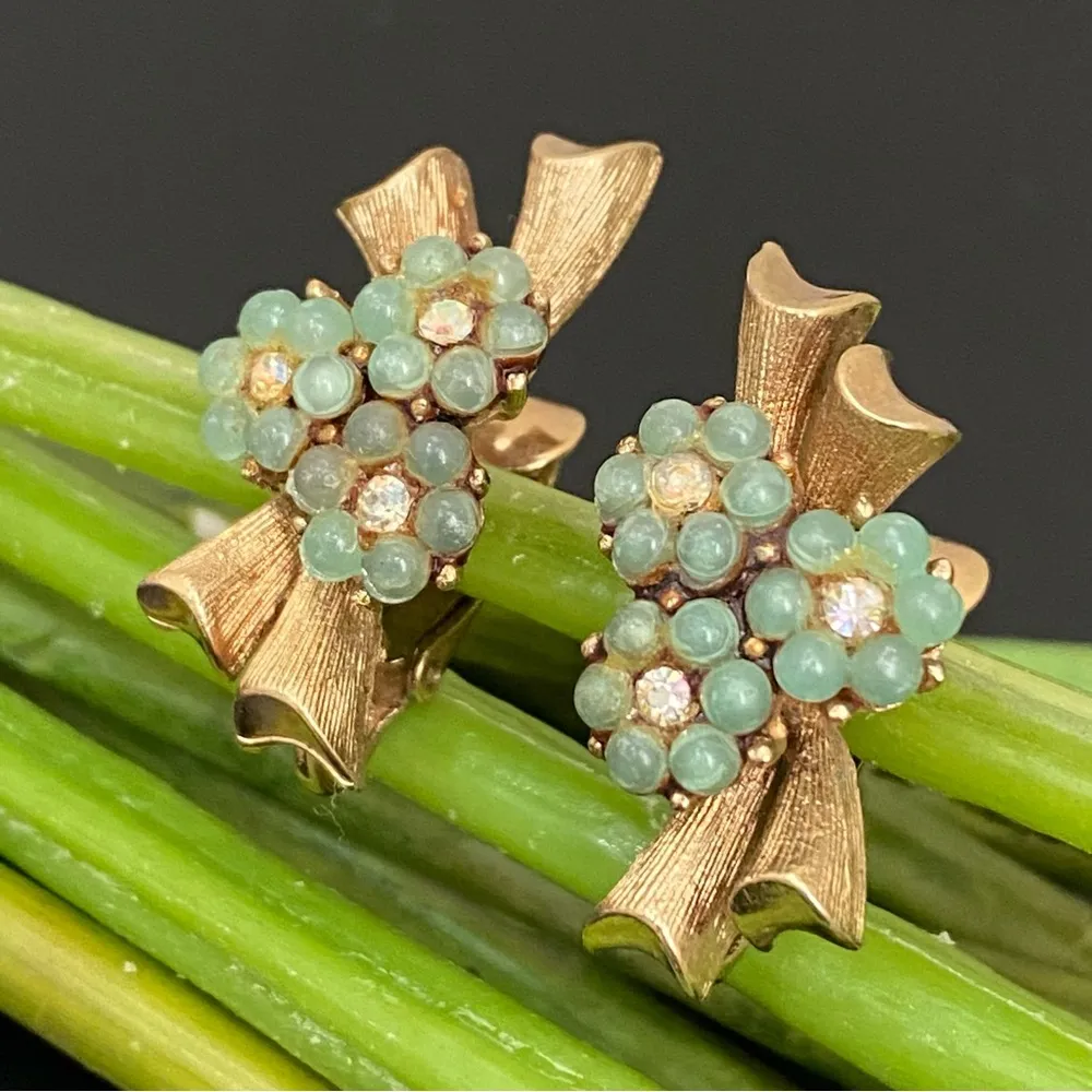 Vintage CORO Micro Faux Jade Rhinestones Flower Gold - Image 8