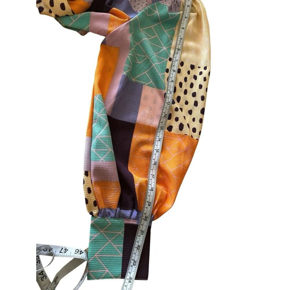 FATE. Multicolor Abstract Patchwork Long Puff Sleeve Ruffle Keyhole Blouse Size M - Image 5