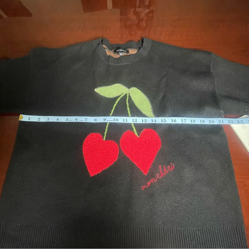 Anthropologie Calligraphie Black Novelty Sweater Red Cherry Design Sequins Sz L Size L - Image 6