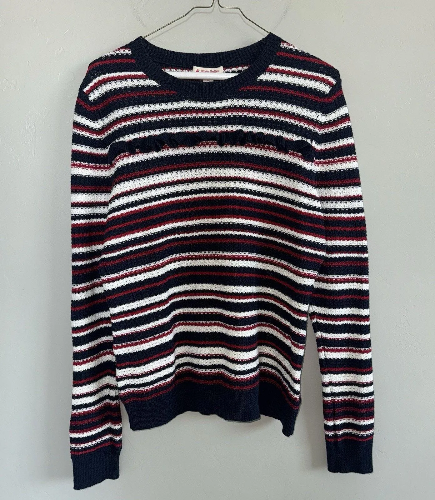 Brooks Brothers Striped Pointelle Cotton Sweater Size L Blue Red White - Image 2
