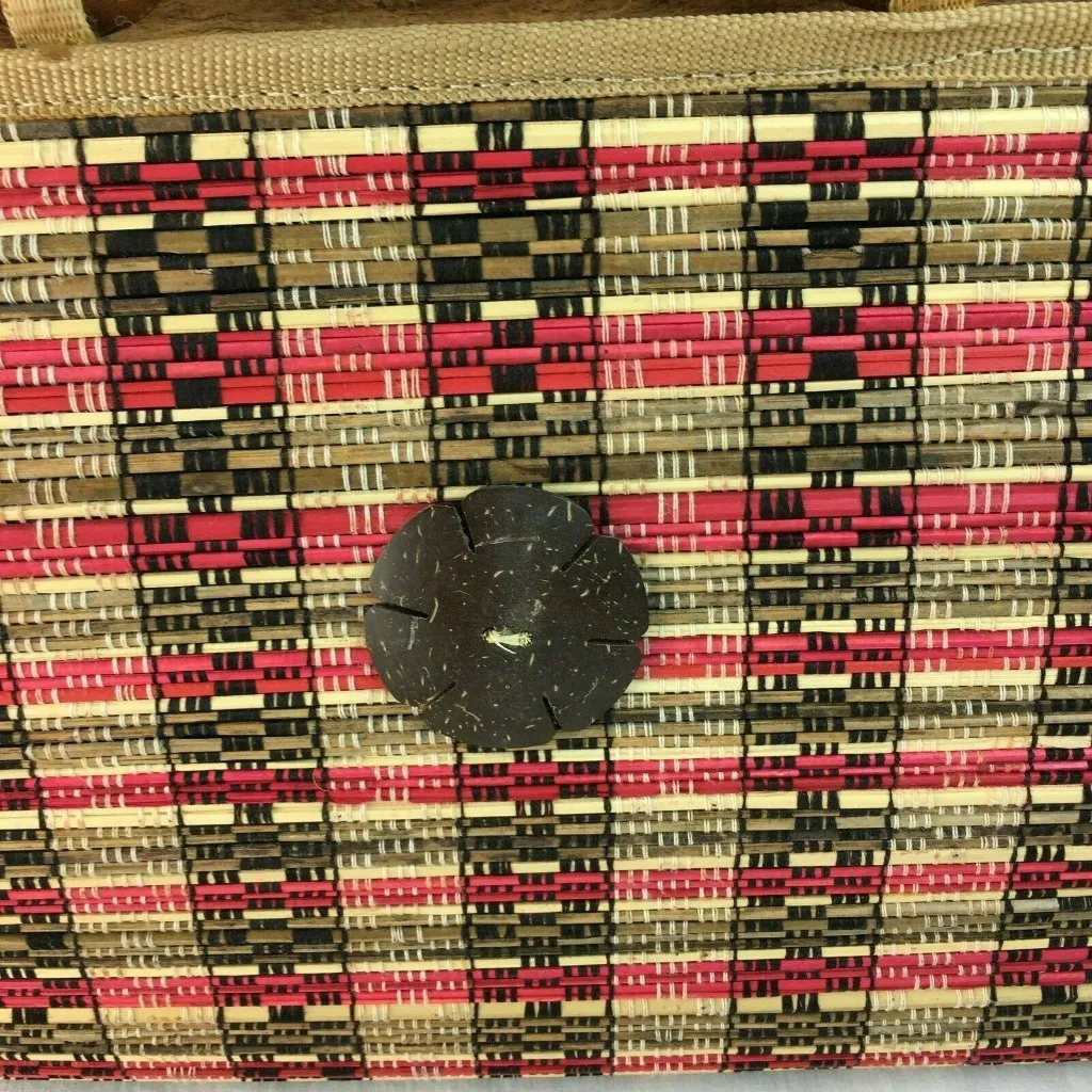 Mid Century Modern Handmade Purse Woven Straw Wood u Lined Wood Handle MCM u Brown - Image 2