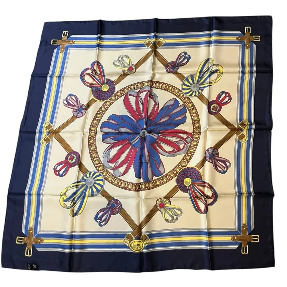 Longchamp Square Silk Scarf Ribbon Design Navy Border 90x90 cm 35x35 inches - Image 2