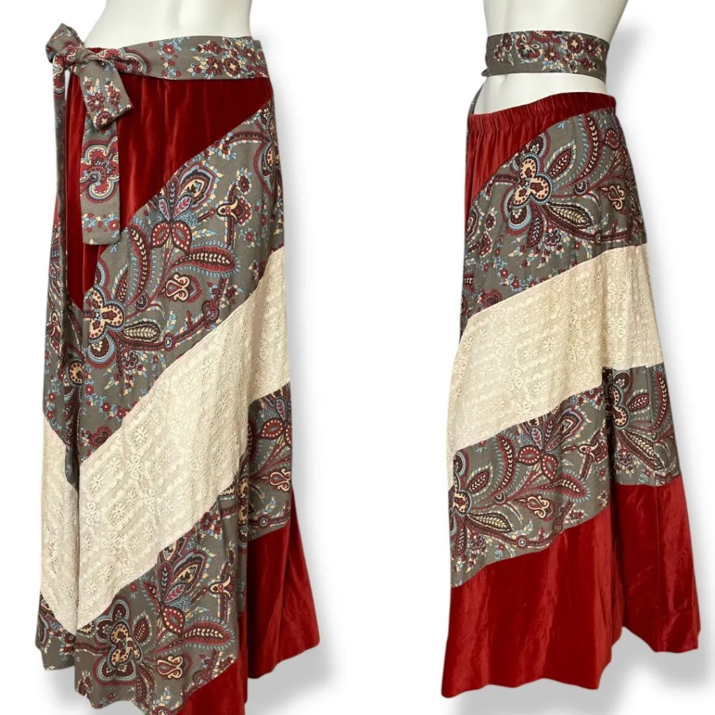 Vintage 70s Chessa Davis Patchwork Skirt Brown Lace Velvet Maxi Belt Hippie Boho - Image 2