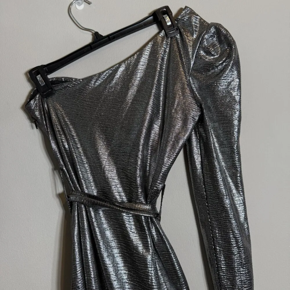 NBD Revolve Aoki One Shoulder Mini Dress Women's Small Silver Metallic Party - Image 13
