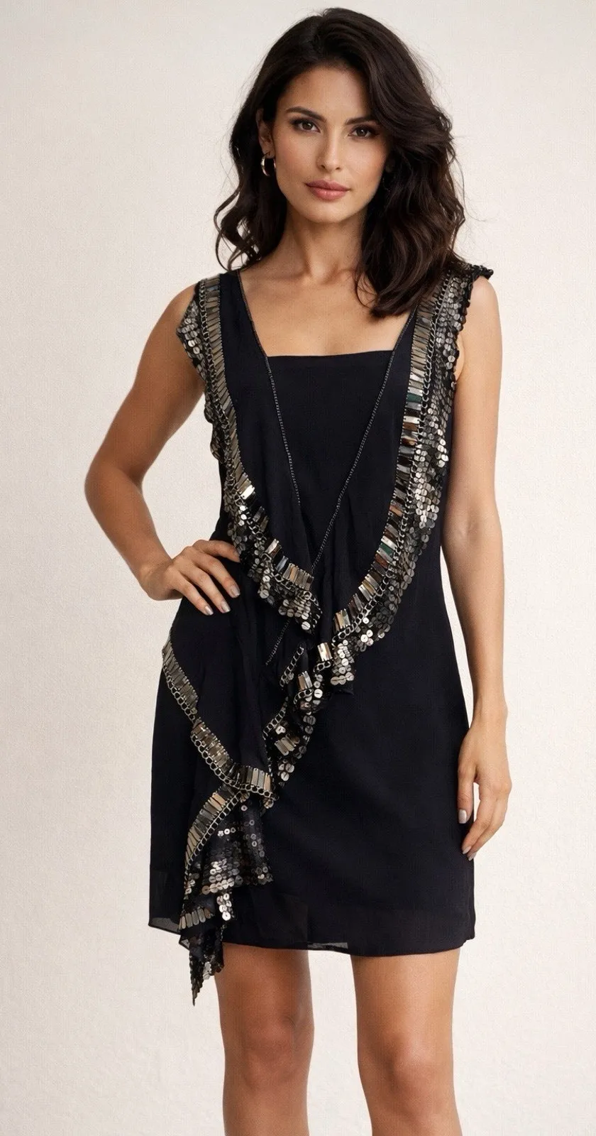 KAREN MILLEN Silk Beaded Sequin Mini Dress Asymmetric Party Formal Red Carpet 8 - Image 1