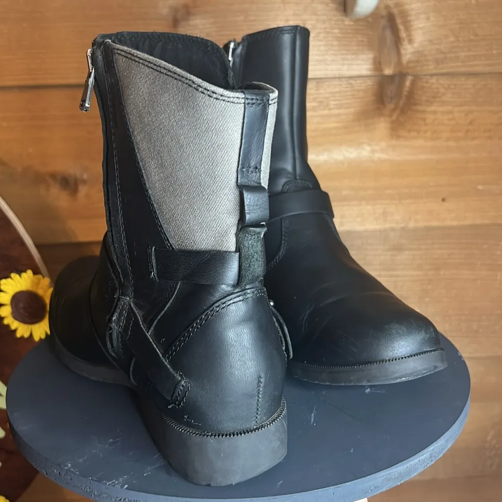 Teva De La Vina Black Leather Canvas Zip Buckle Mid Calf Boots Moto Waterproof - Image 4