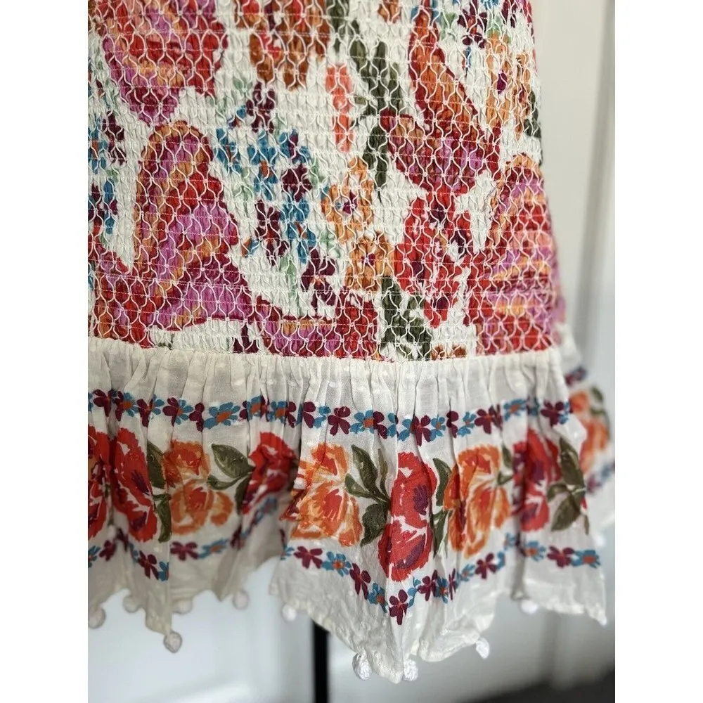 Farm Rio Womens Spring Bananas Smocked Mini Skirt Floral Pom Pom Trim Size M - Image 4