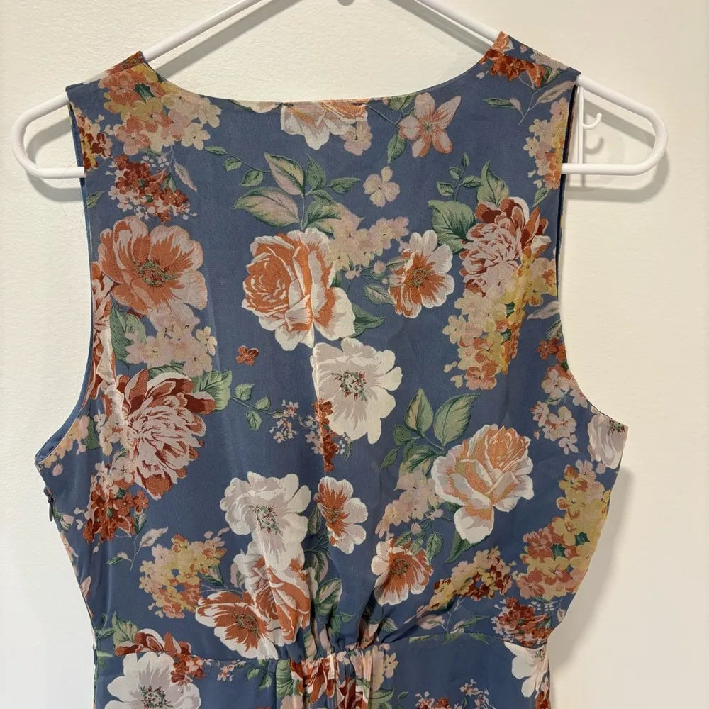 Dress Forum Los Angeles Blue Floral Midi Dress Slit Ruffle Formal Wedding Garden - Image 8