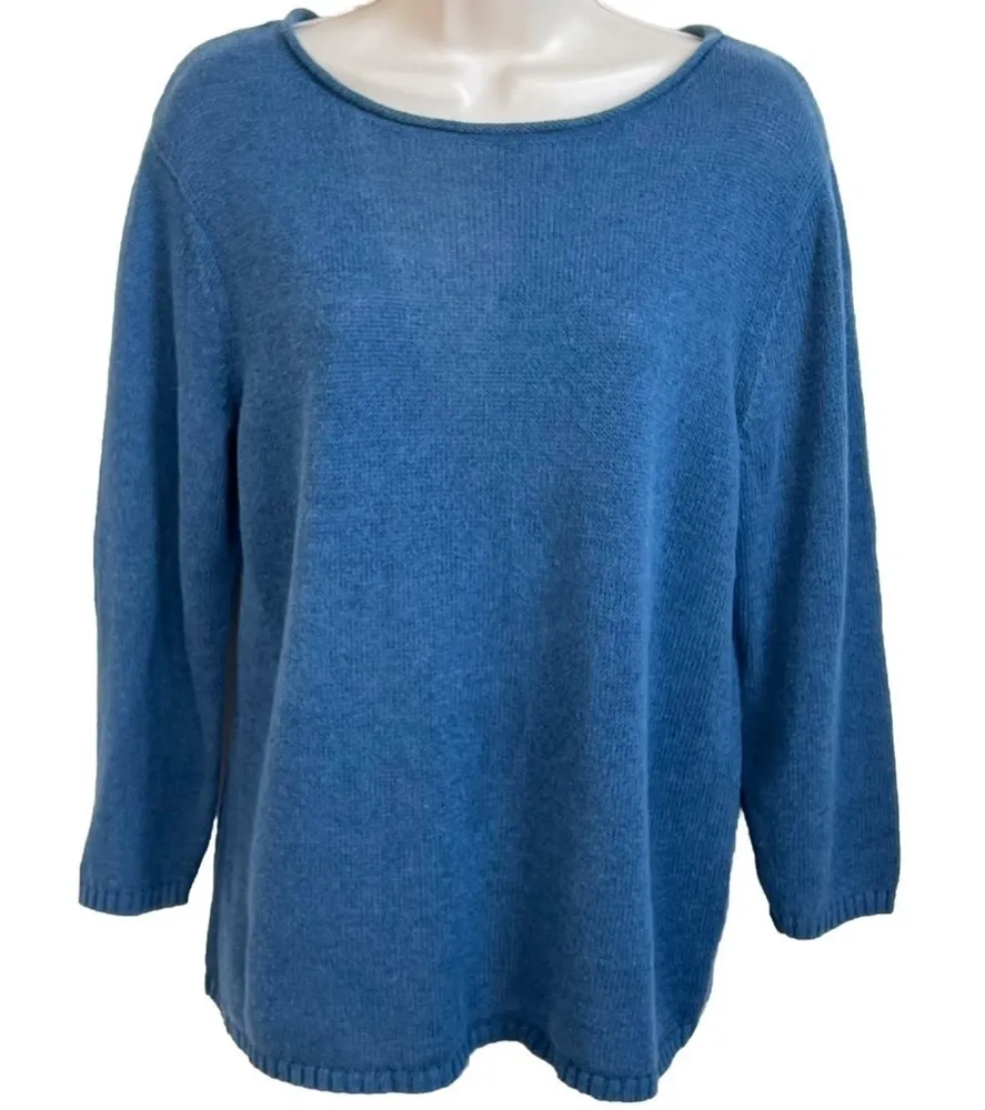 Evan Picone Linen Cotton Knit Scoop Neck 3/4 Sleeve Blue Sweater Medium Pullover - Image 1