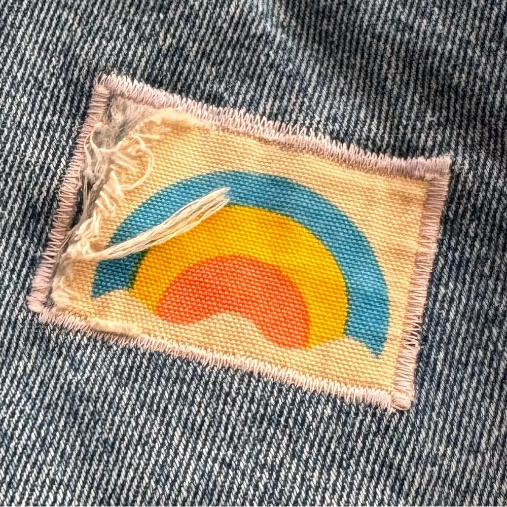 Born Again Bluez blue distressed high waisted jeans, size S patched ankle boho - Image 4