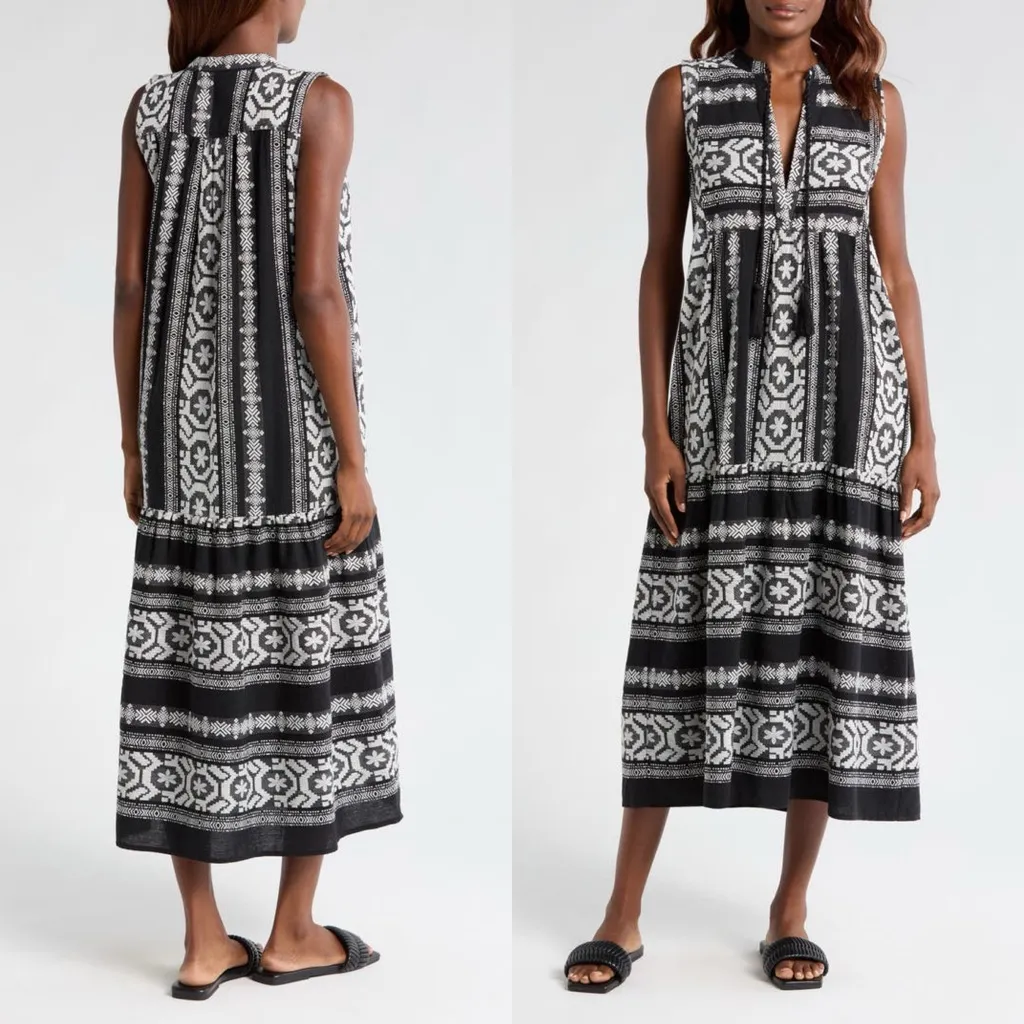 Elan Dress Cover-Up Woven Design Black White NO TIES Sleeveless Women Small Boho - Image 3