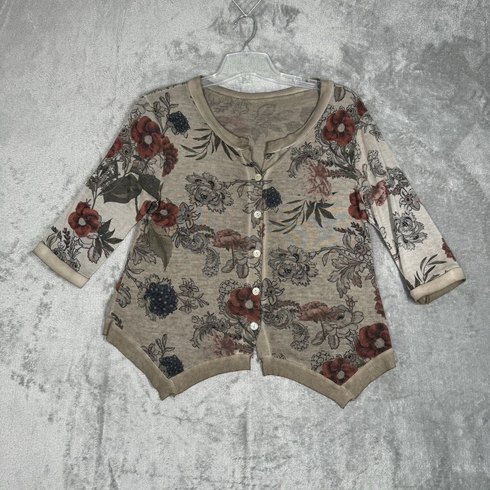 Tempo Paris‎ Sweater Women Small Medium Brown Wash Floral Cardigan Preppy Boho - Image 2