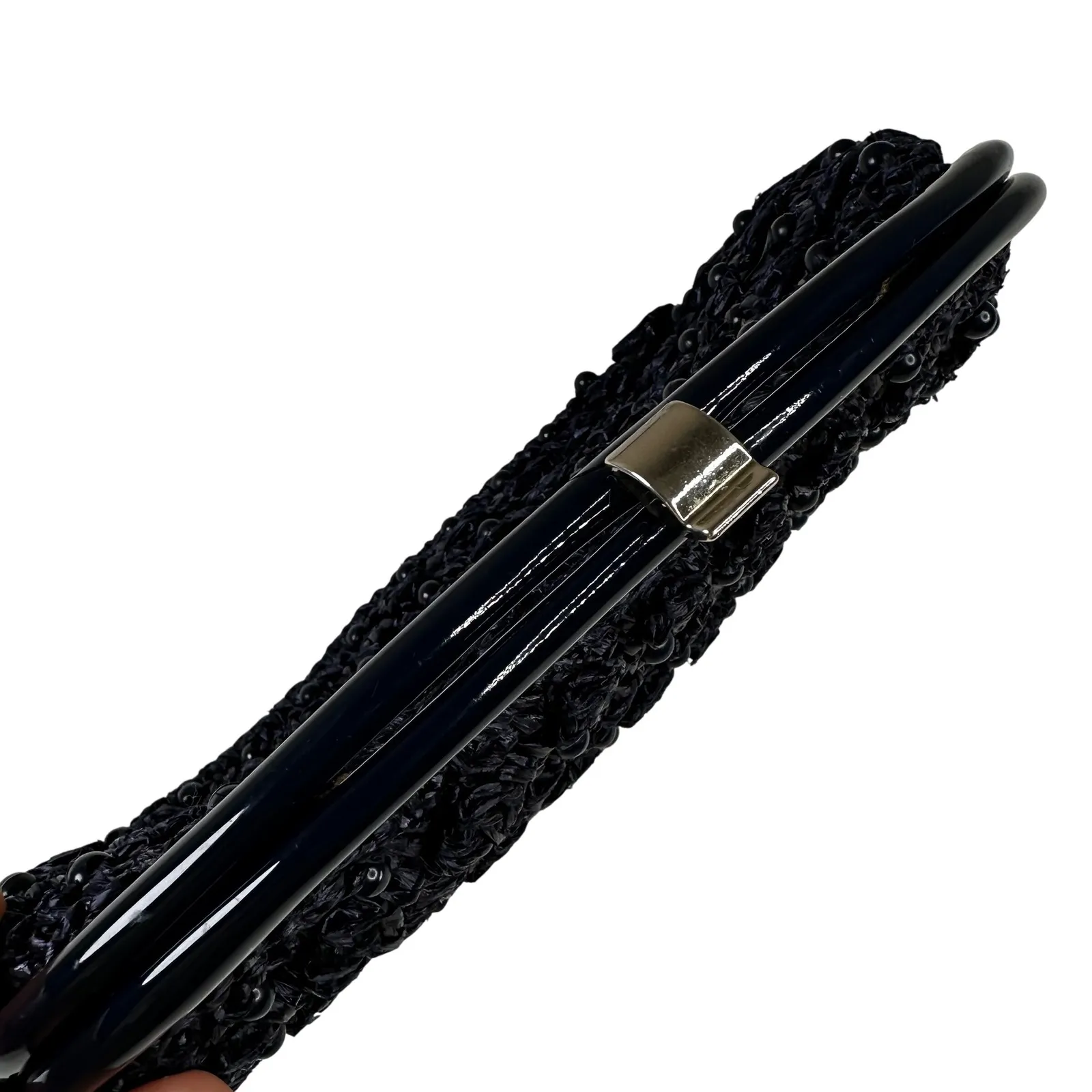 Vintage Navy Raffia Beaded Clutch Evening Bag Top Handle Purse Blue - Image 3