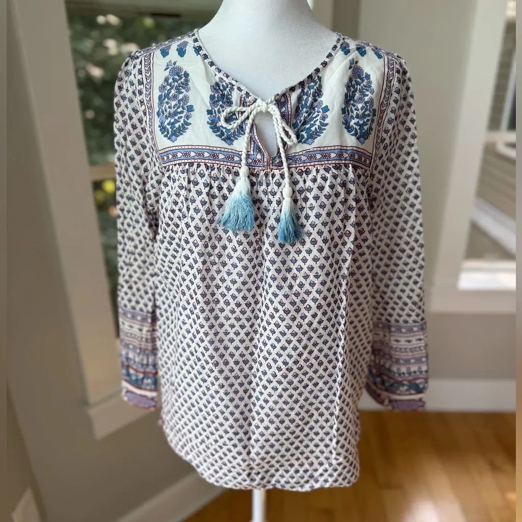 J. Crew White Blue Burgundy Block Floral Print Cotton Tie Front Tunic Top Sz 00 - Image 9
