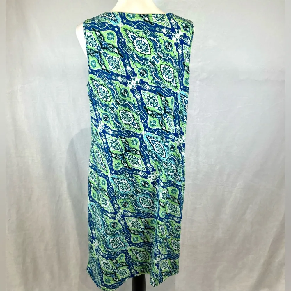 blue and lime green cowl neck abstract print shift dress size large - Image 3