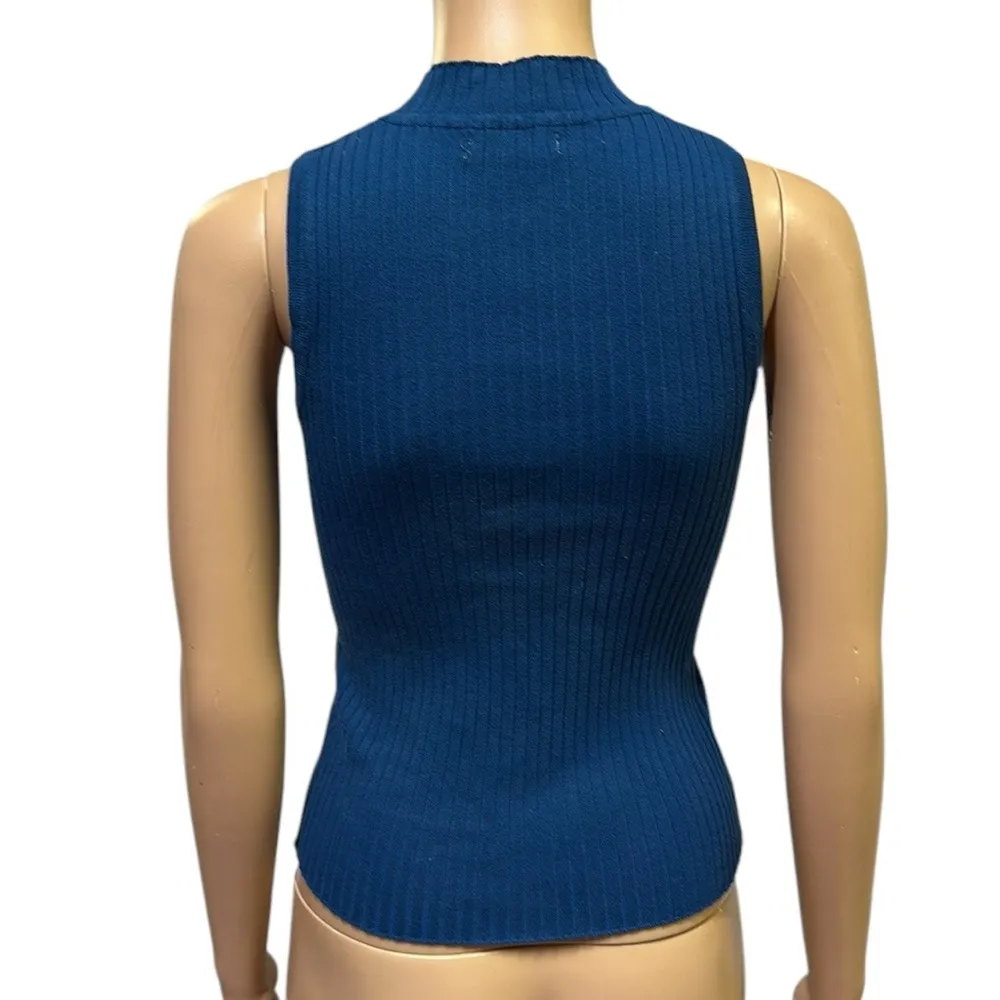 Beware Blue High Neck Ribbed Sleeveless Bodycon Formfit Tank Top Womens Medium - Image 5