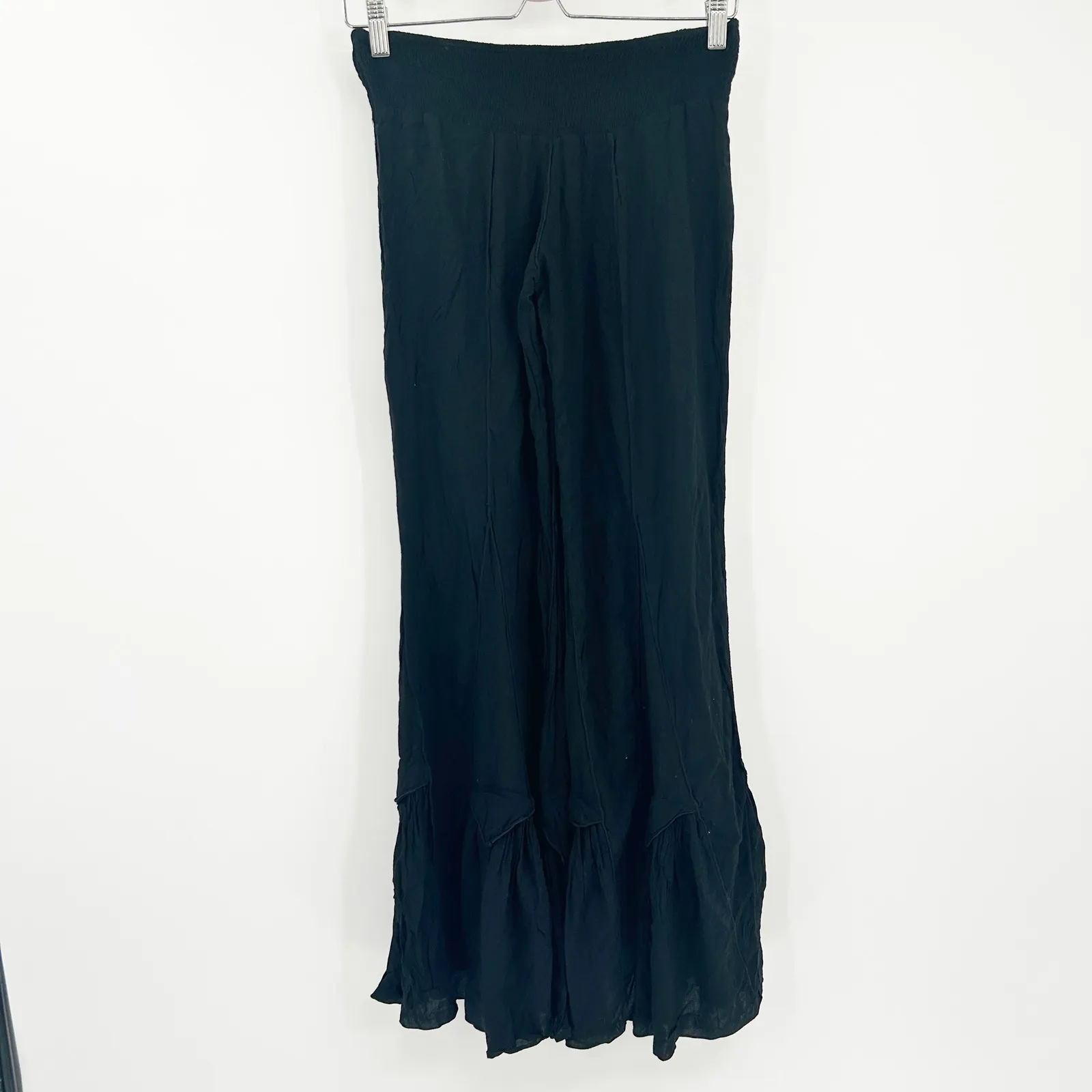 Indah Black Ruffle Wide Leg Flare Pants Womens Size S Smocked Waist‎ Boho Chic - Image 9
