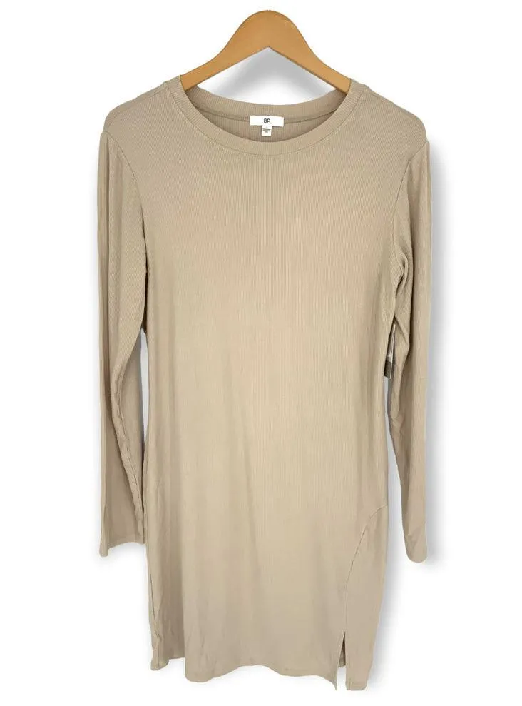 BP x Nordstrom | NWT | Medium | Fitted Slit Long Sleeve Rib Dress In Tan Boulder - Image 2