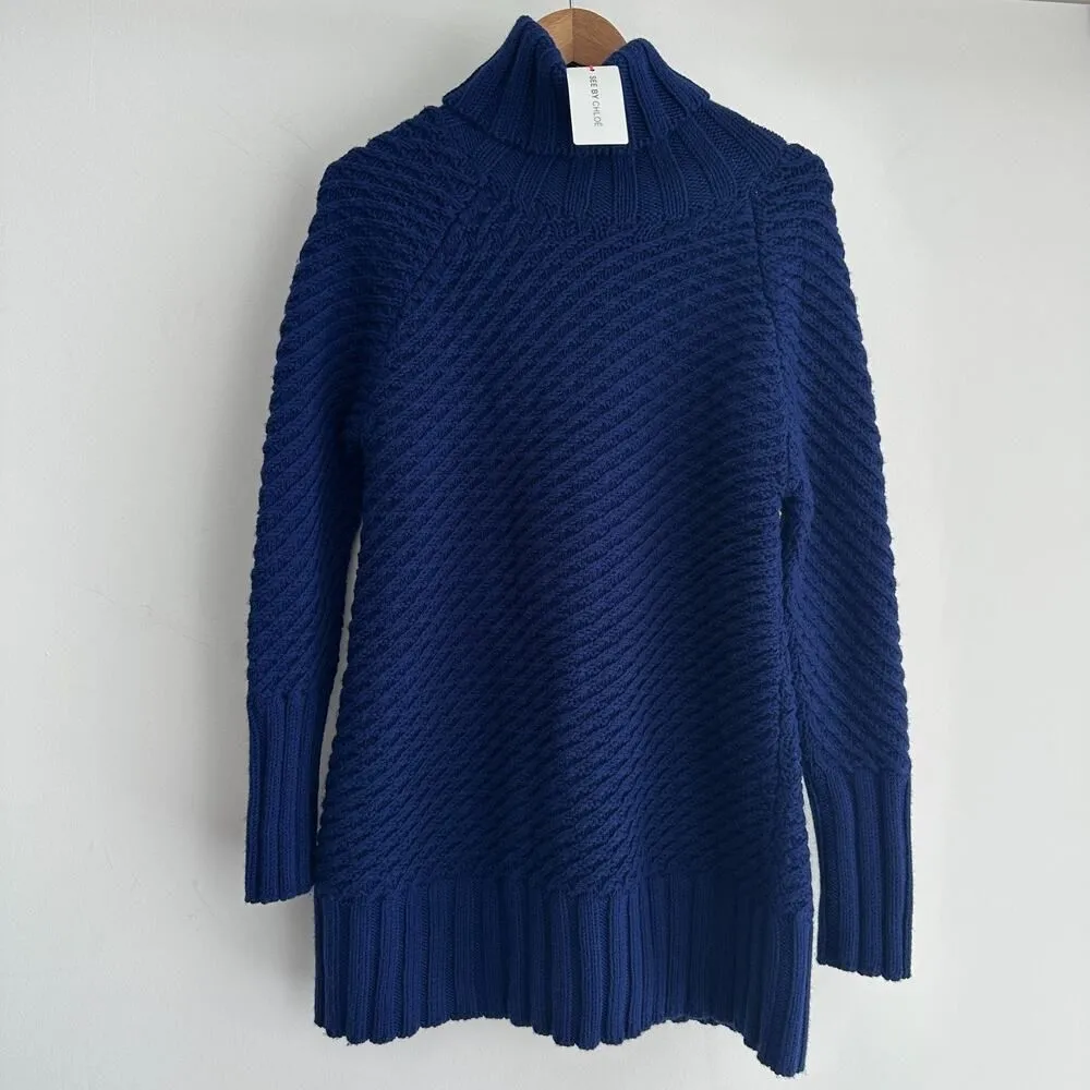 See By Chloe Sweater Womens 6 Navy Wool Blend Textured Chunky Fisherman Tunic - Image 2