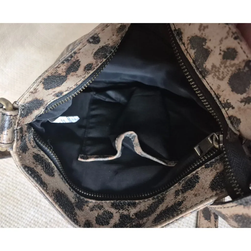 Estalon Leather Cheetah Leopard Print Crossbody Purse Adjustable Straps Zip Top Brown - Image 9