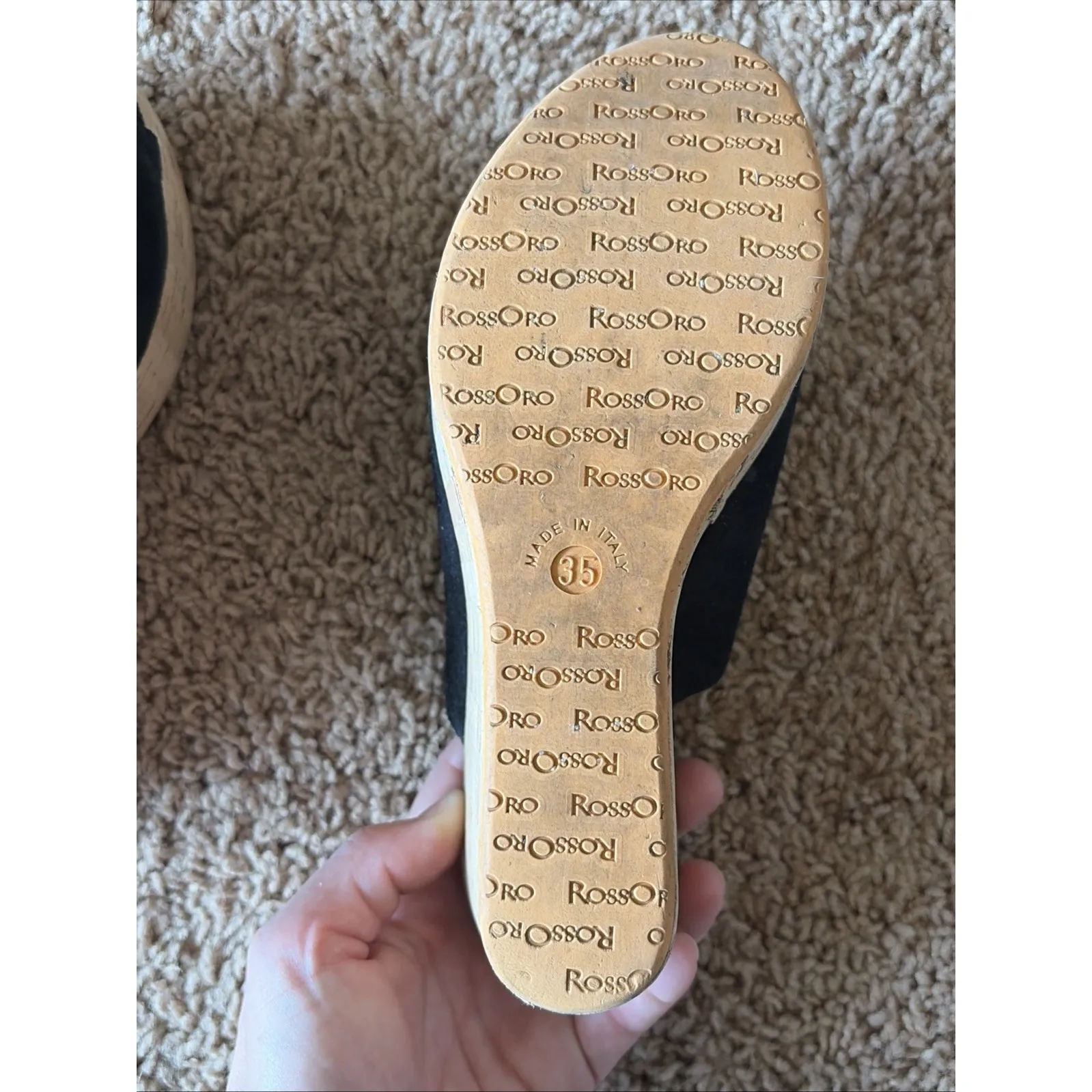 RossOro Classic Black Suede Leather Cork Wedge Mule Sandal Shoes Italy EU 35 Size 5 - Image 14