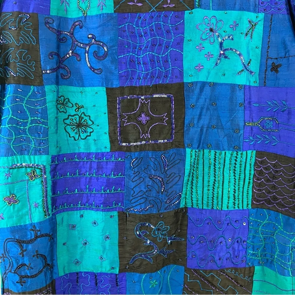 Chico’s 100% Silk Patchwork Beaded Embroidered Bohemian Jacket Size 2 Large - Image 3
