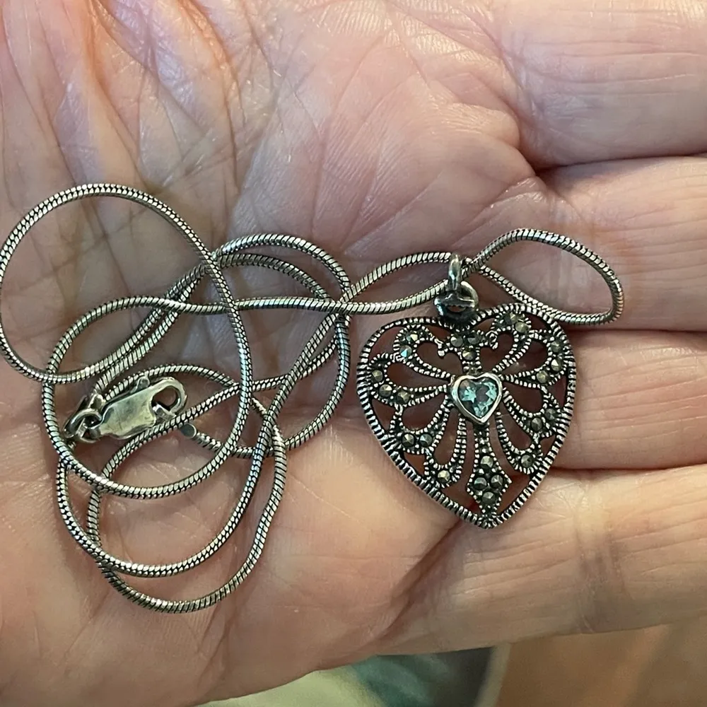 Sterling Heart Filagree Marcasite and Topaz Pendant and Chain - Image 10