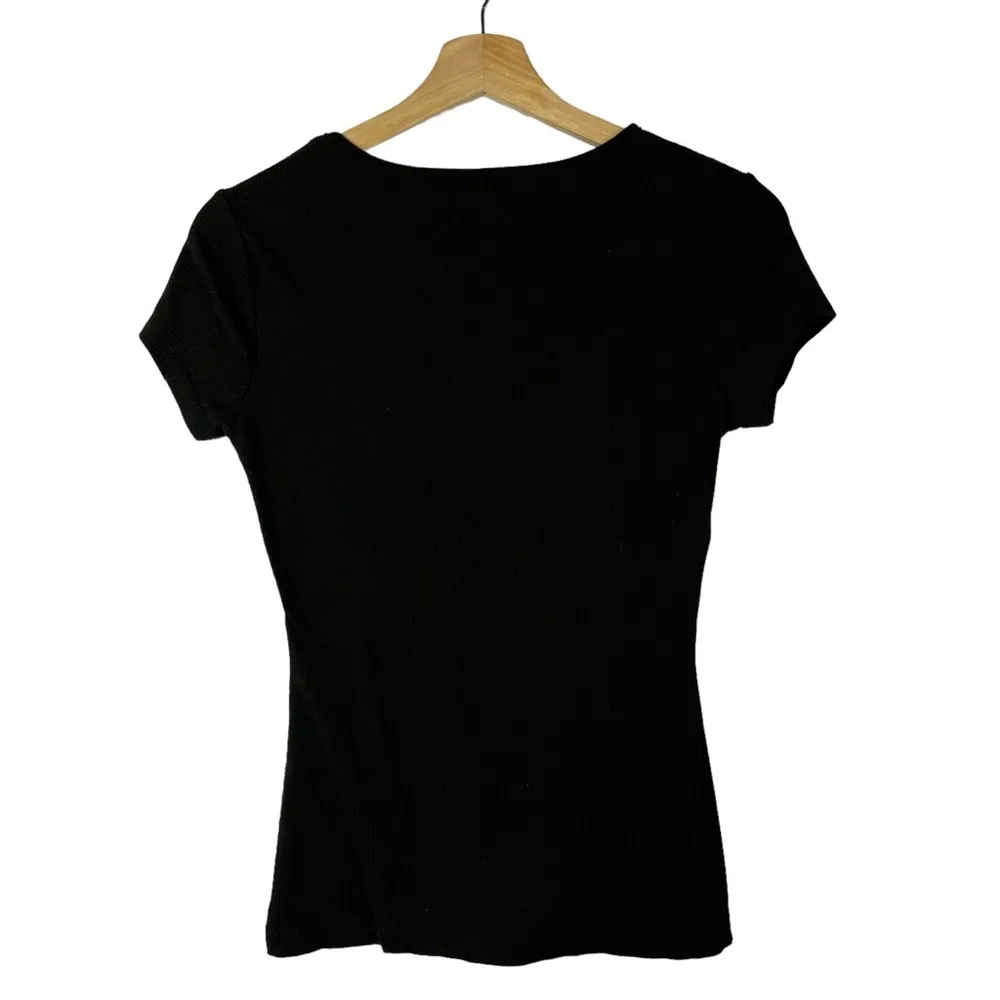 Rue 21 Black Ribbed V-Neck Short Sleeve Fitted Tee S - Image 2