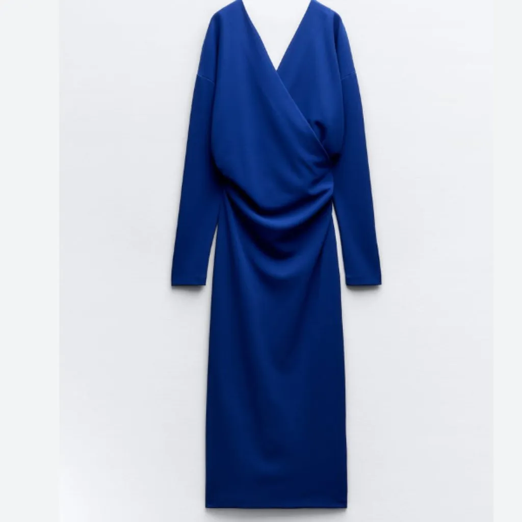 NWT ZARA Vibrant Blue Long Sleeve V Neck Maxi Dress Small Bloggers Fave - Image 4