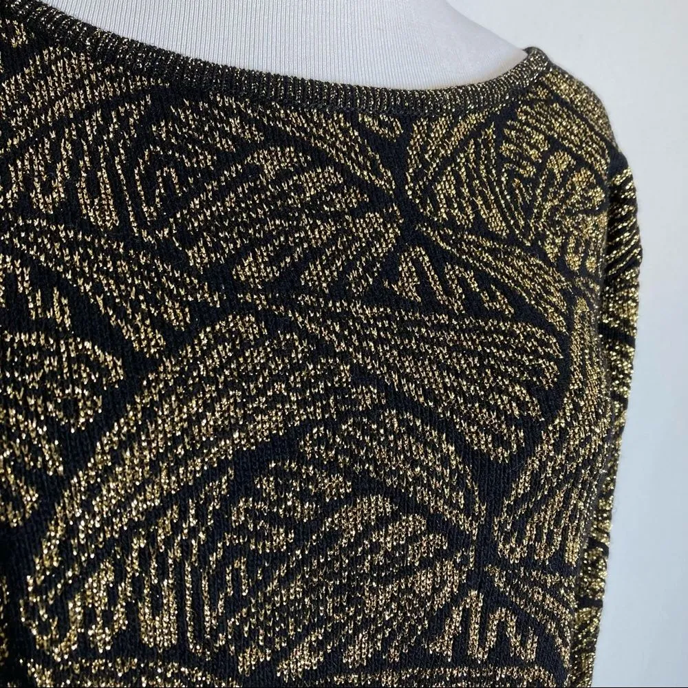 Vintage Adrienne Vittadini Sweater Black Gold Metallic Medium Low Back 80s Top - Image 9