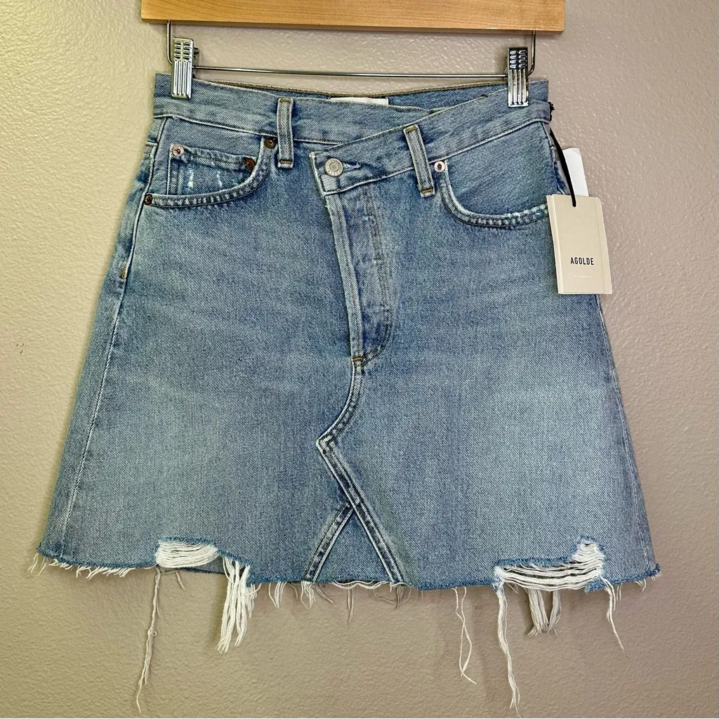 NWT Agolde Criss Cross Jean Mini Skirt Distressed Light Blue Frayed Hem Denim - Image 13