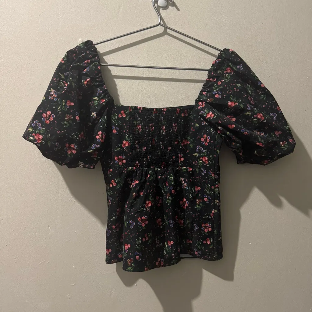 HILL HOUSE Matilda Berry Floral Taffeta Top size XS Black - Image 3