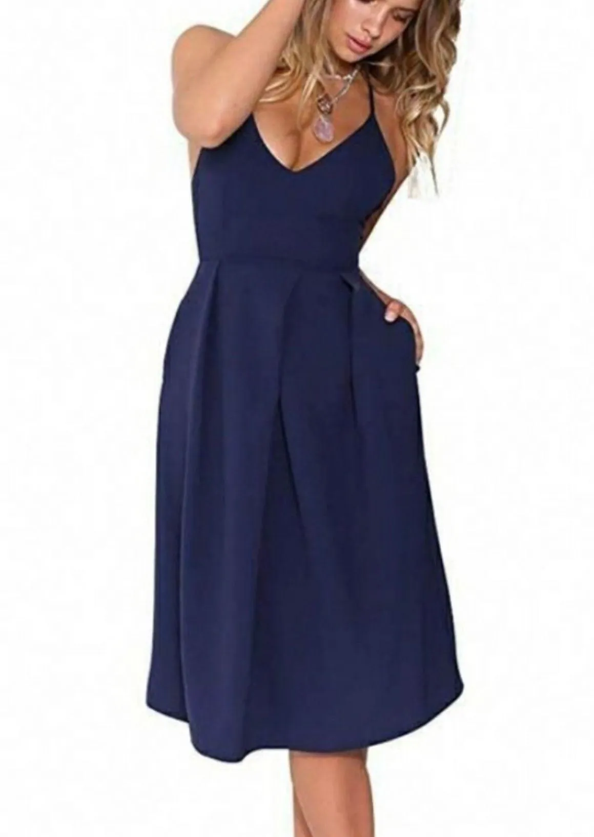 NEW  Blue Spaguetti Strap Sexy Open Back Pocket Dress Size L - Image 2