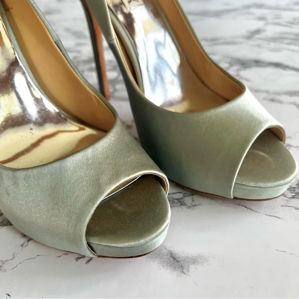 Badgley Mischka Kiara Heels Mint Green Crystal Satin Platform Pumps 7 Stilettos - Image 11