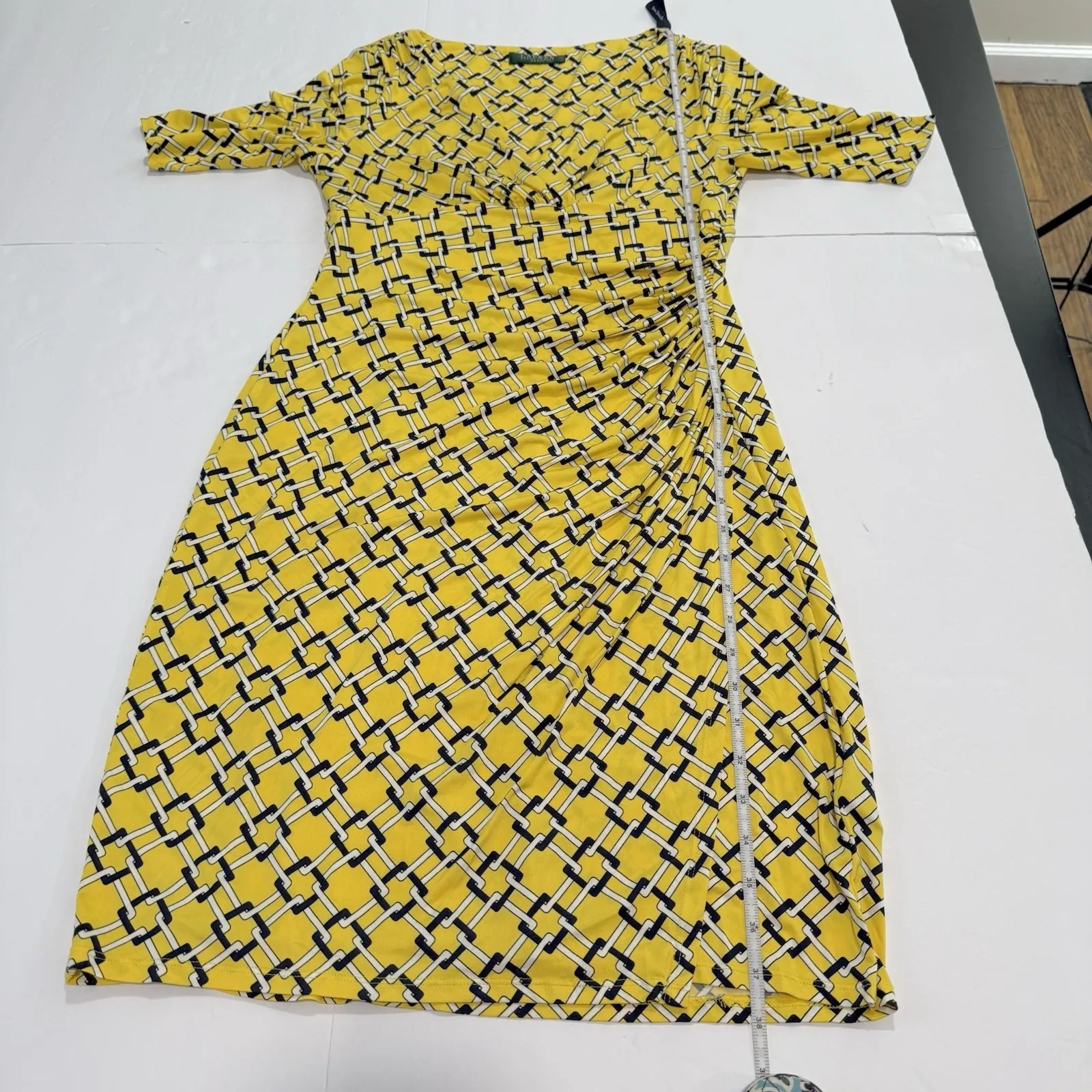 Ralph Lauren Yellow Lattice Faux Wrap Half Sleeve Stretch Sheath Dress Size 8 - Image 8
