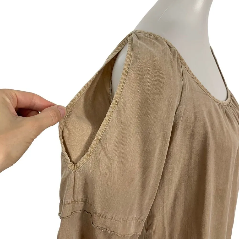 Glam Cold Shoulder Dress Small Tan Short Sleeve Party Clubwear Stretch - Image 3