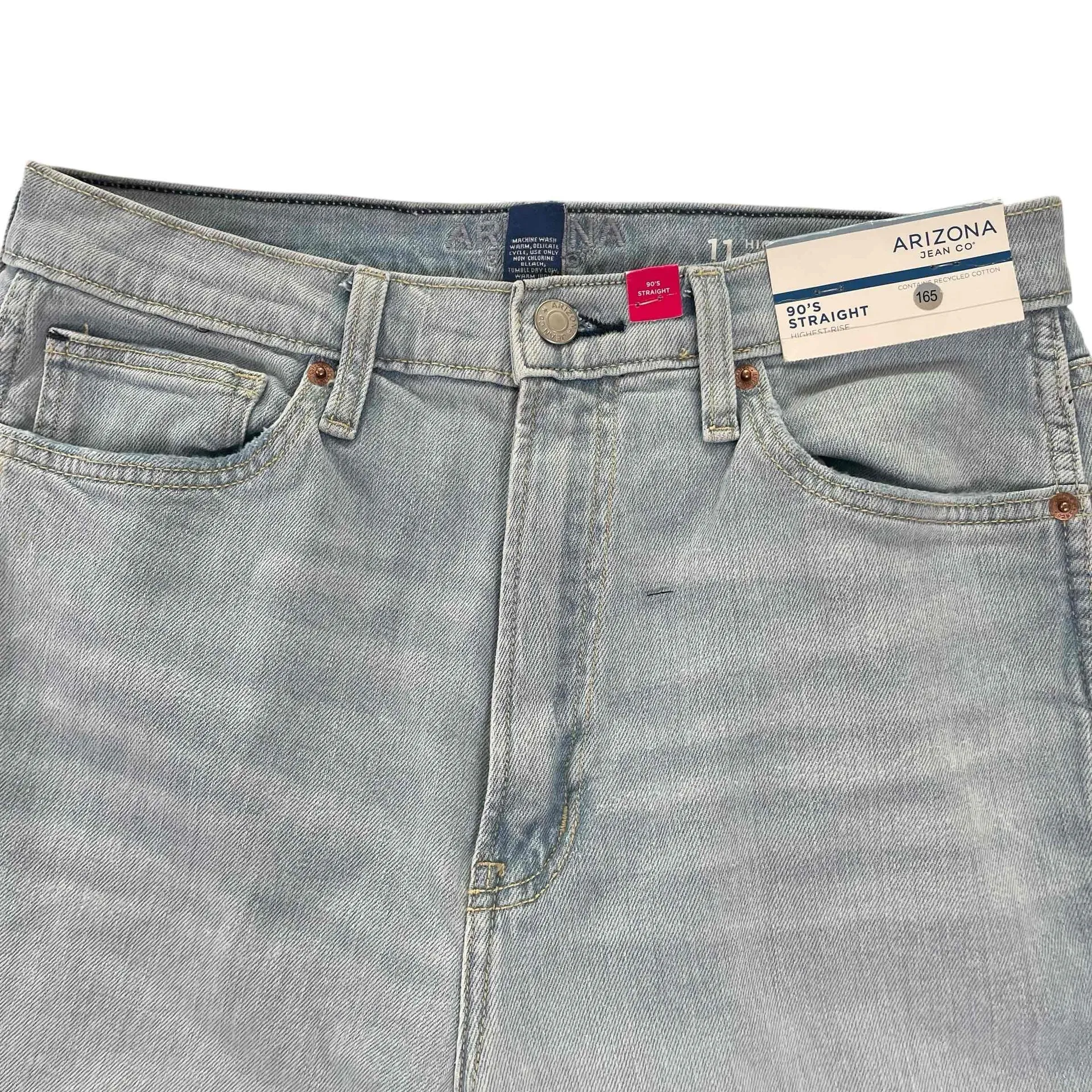 New Arizona Women's 90's Straight Distressed High Rise Light‎ Wash Jeans Size 11 - Image 2