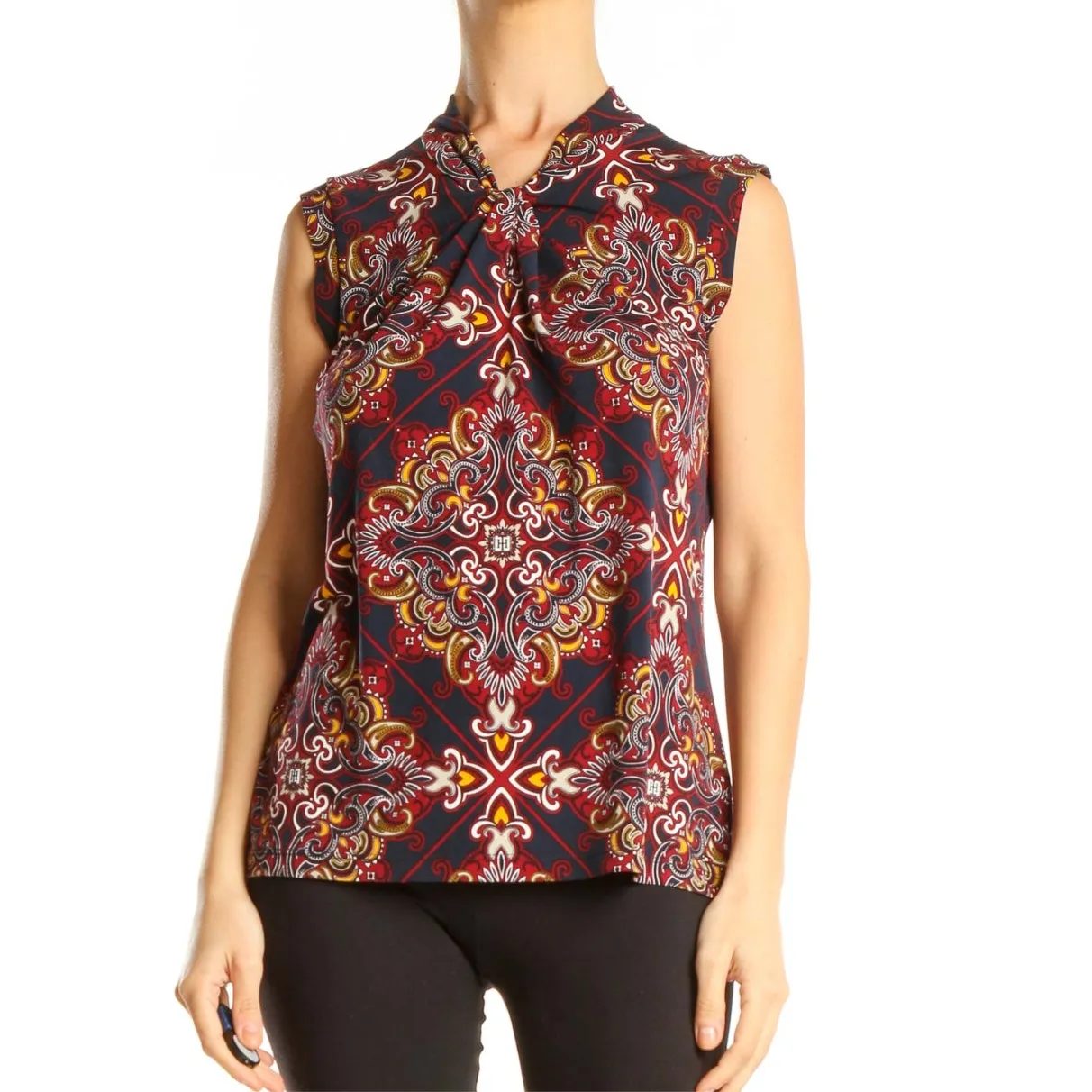 [Tommy Hilfiger] Navy Scroll Scarf Print Knot Neck Sleeveless Blouse Sz Large L - Image 11